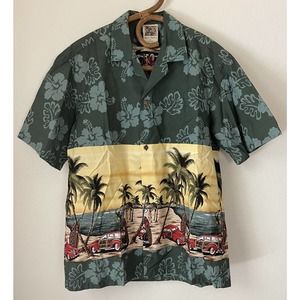 Vintage Winnie Fashion Mens Size L Hawaiian Shirt Cars Surfboards Palms Green